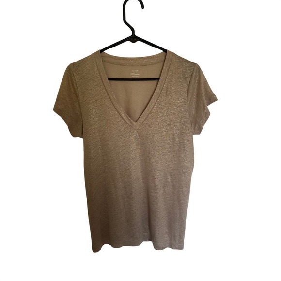 J.Crew Tops - J.Crew Womens 100% Linen V-Neck Metallic Gold Shimmer Short Sleeve Tee Tan S